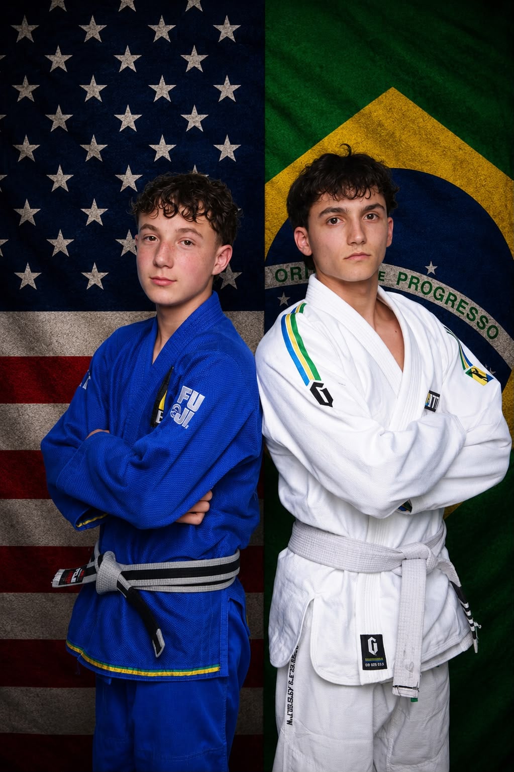Two teenage students photographed against the US and Brazilian flags